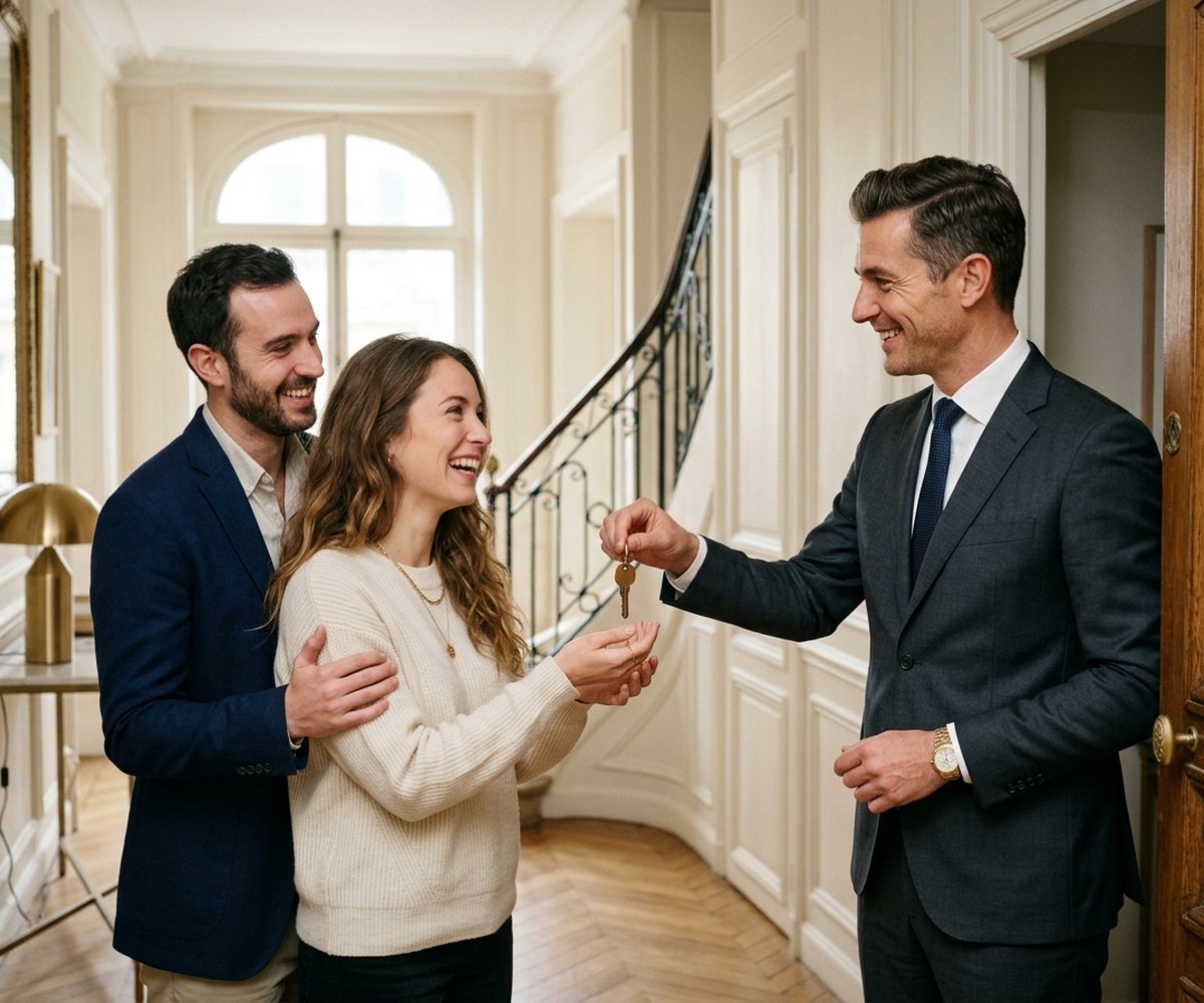 Un conseiller immobilier remet les clés d'un appartement à un couple d'acheteurs souriants