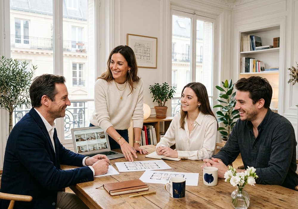 Une petite équipe échange autour de plans dans un bureau lumineux