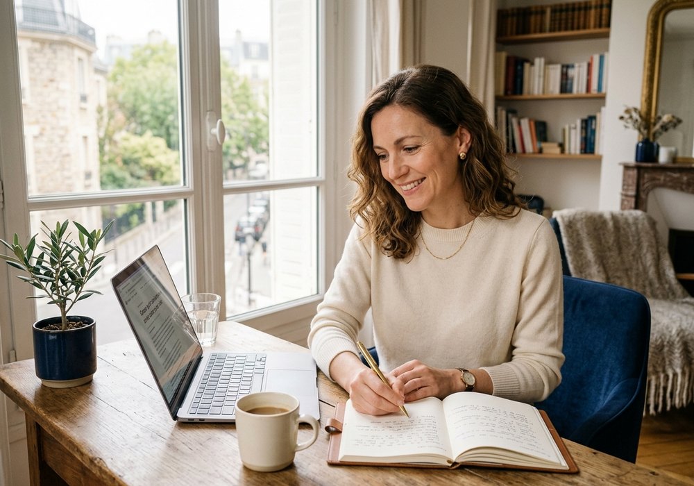 Une professionnelle prépare sa reconversion à son bureau, carnet et ordinateur ouverts